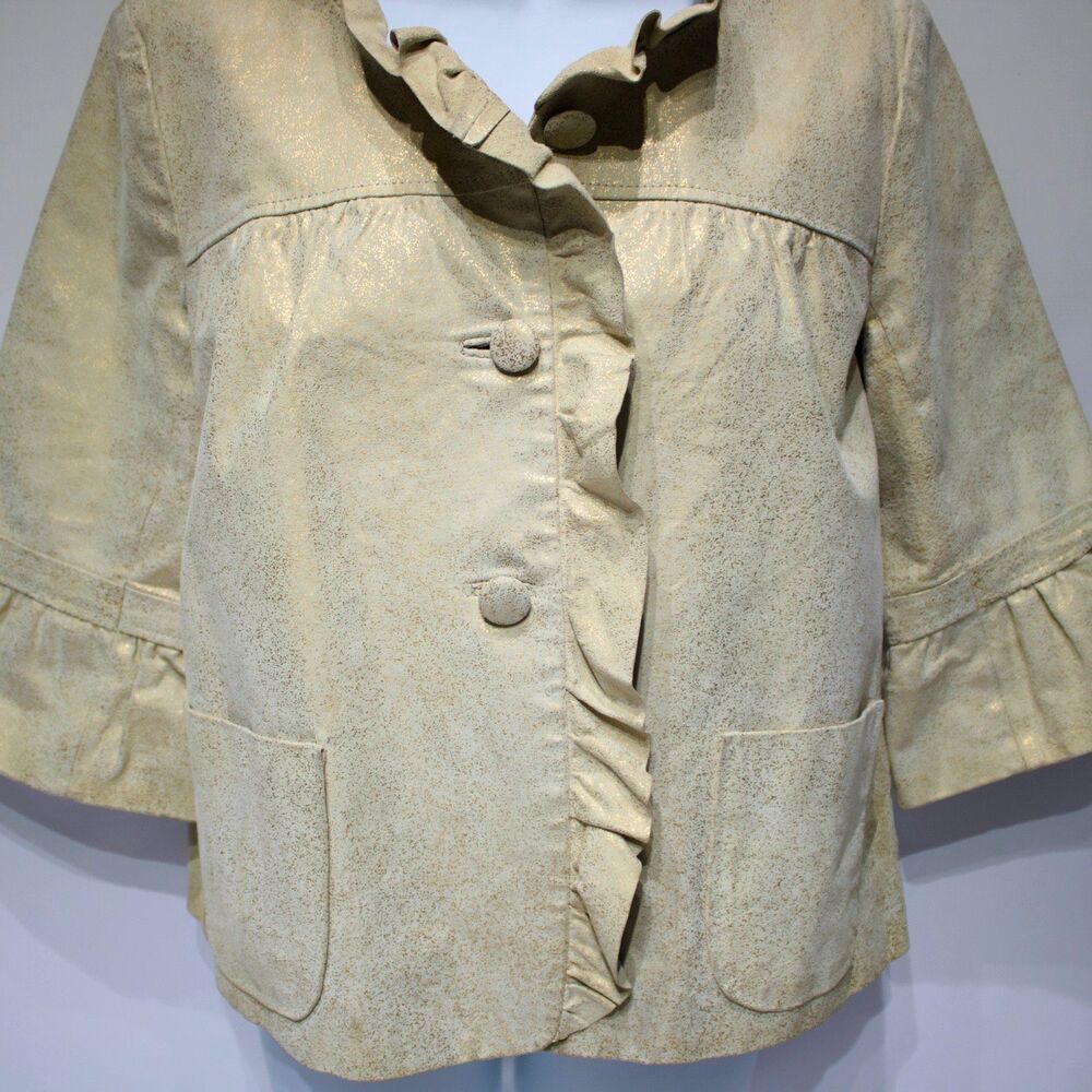 Michael Simon Ruffled Leather Jacket Beige Gold Sparkle Women Size M (B4) - Picture 2 of 16